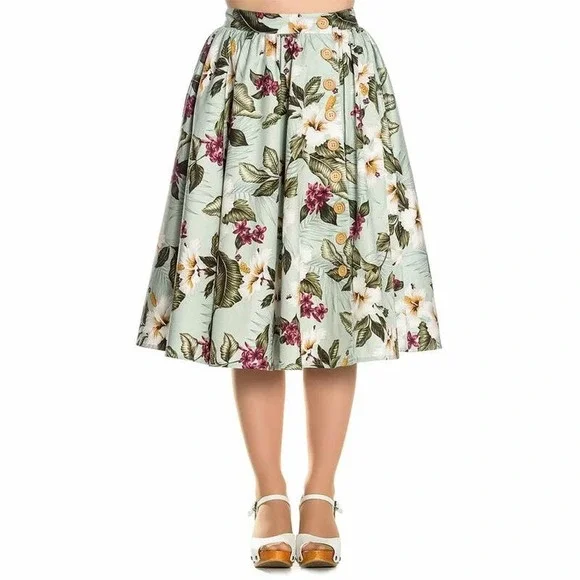 NWT HELL BUNNY RETRO 50S VINTAGE STYLE GREEN FLORAL TAHITI SKIRT SIZE SMALL - Picture 4 of 15
